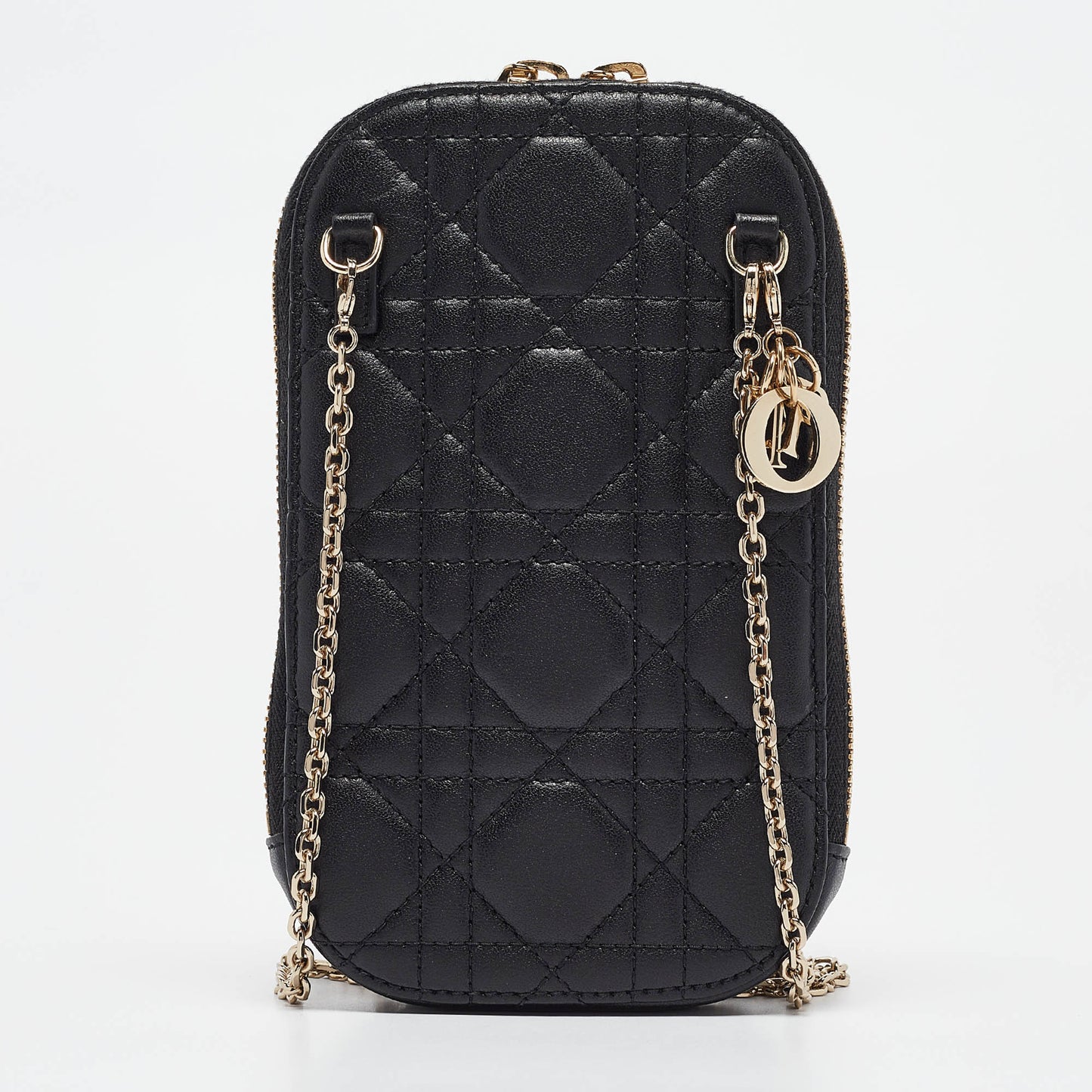 DIOR Black Cannage Leather Lady Phone Holder with Chain