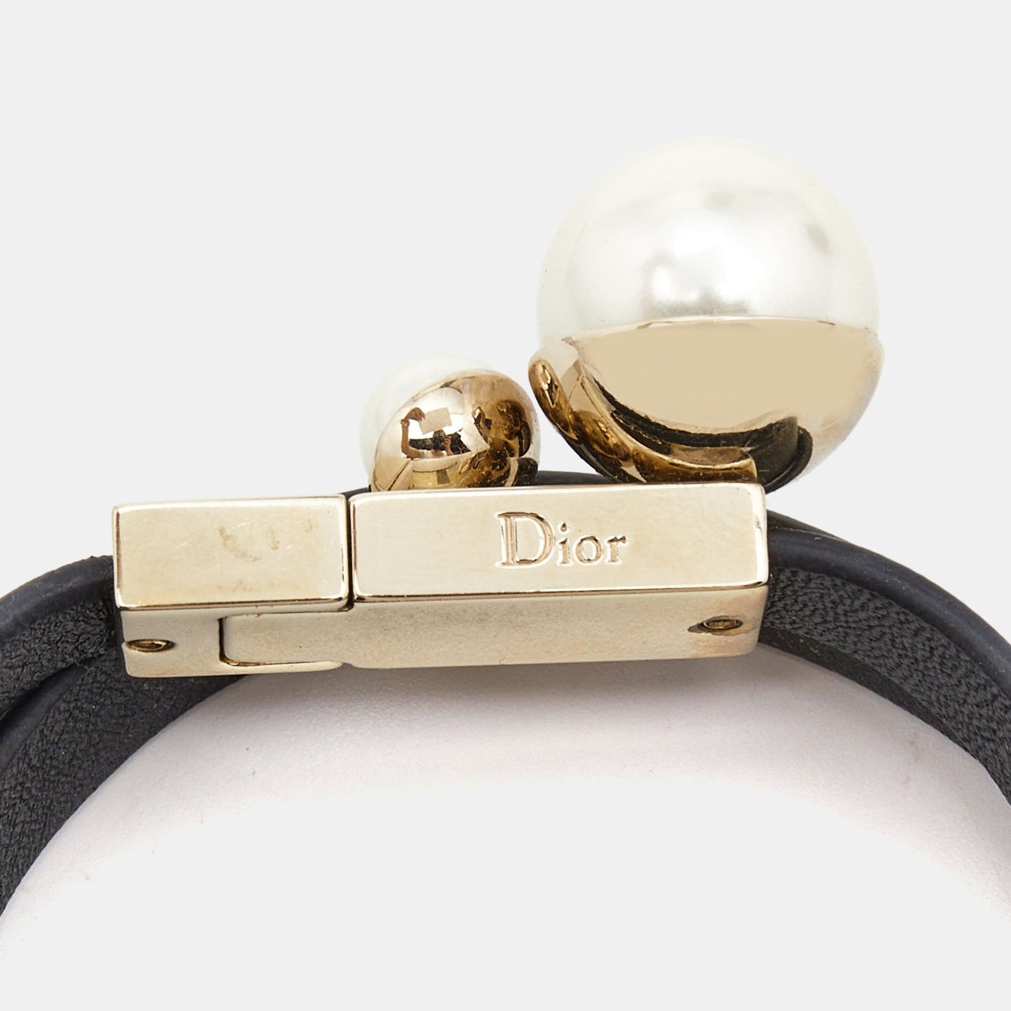DIOR Mise En Leather Faux Pearl Gold Tone Double Wrap Bracelet