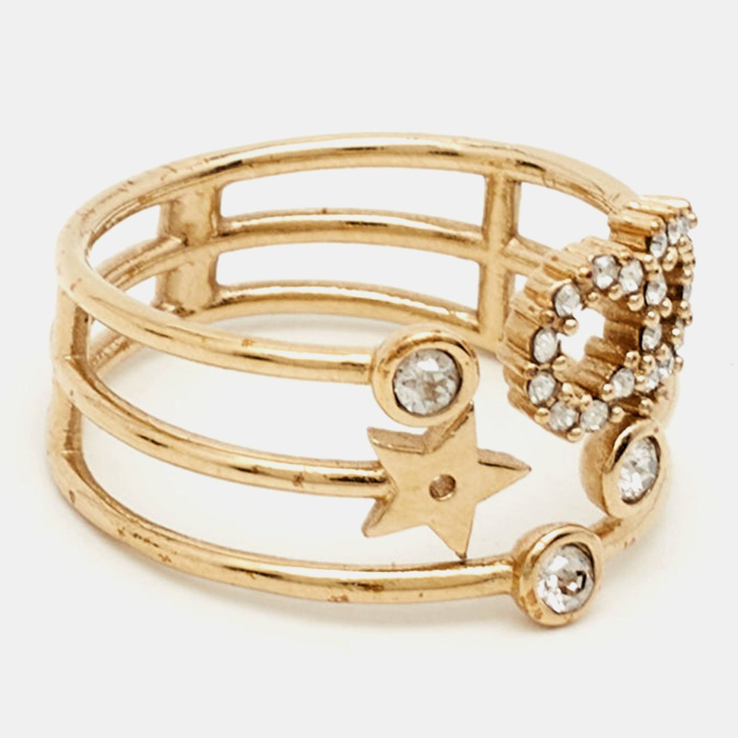DIOR CD Crystals Gold Tone Metal Ring Size 54
