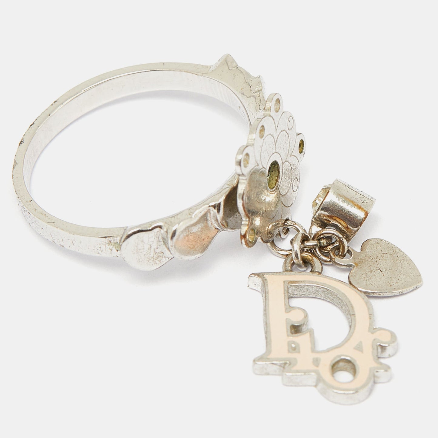 DIOR Bague Enamel Crystal Silver Tone Charm Ring Size 52