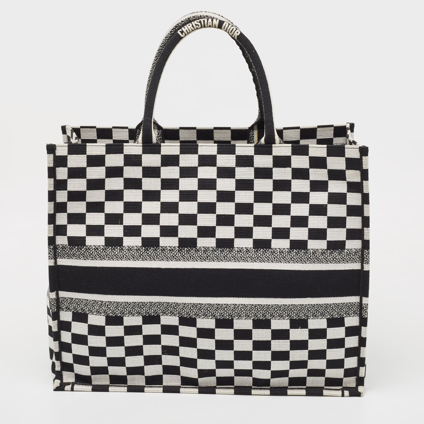 DIOR Black/White Checkered Embroidered Canvas Large Book Tote