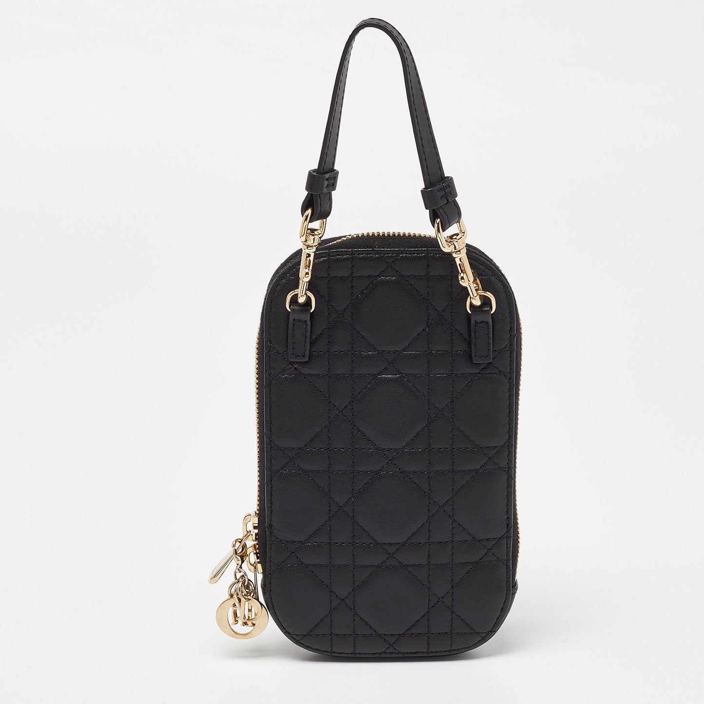 DIOR Black Cannage Leather Lady Chain Phone Holder Crossbody Bag