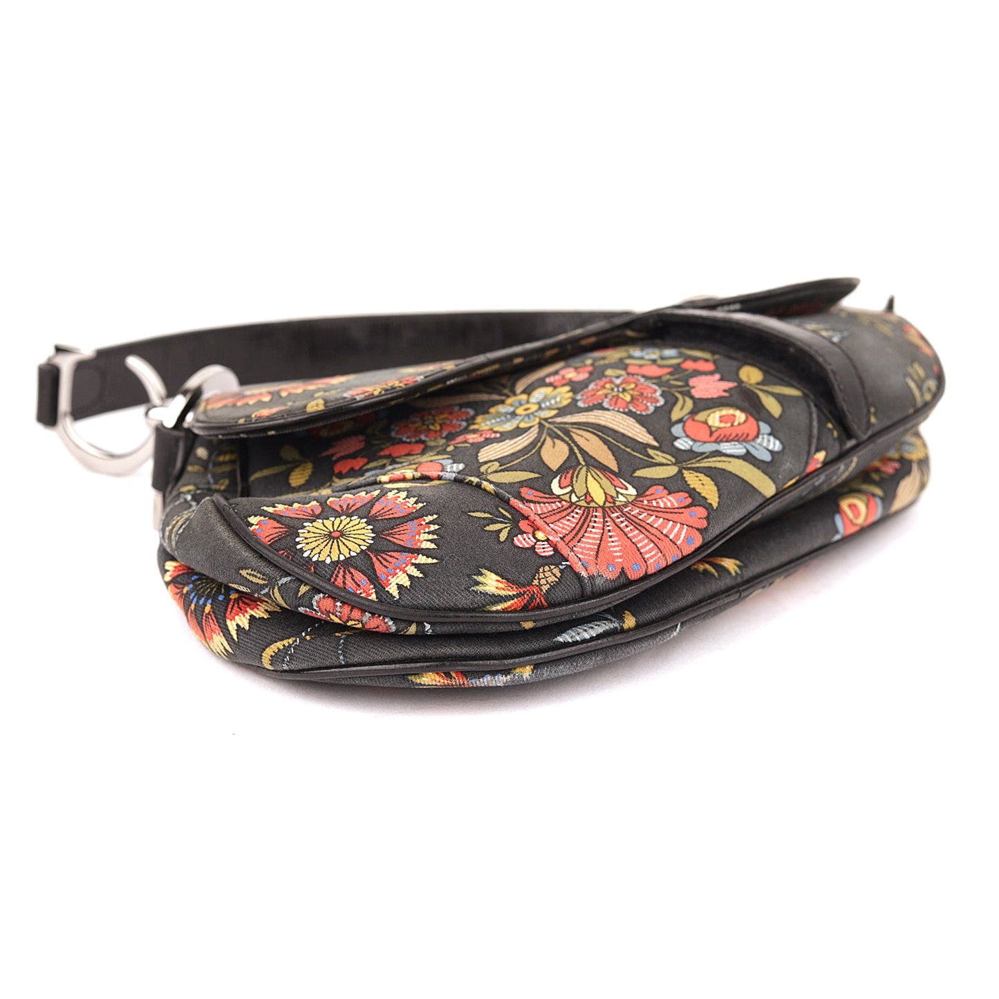 Christian Dior Black Canvas And Leather Vintage Floral Print Saddle Bag