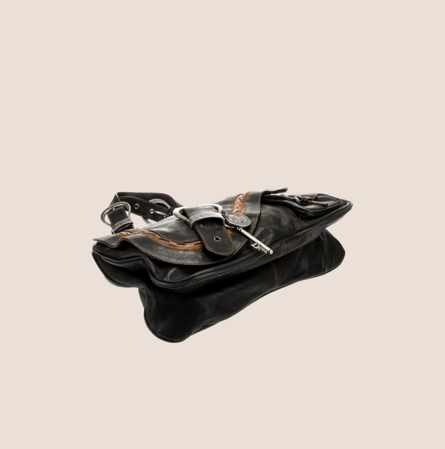 CHRISTIAN DIOR BLACK LEATHER GAUCHO SADDLE HANDBAG
