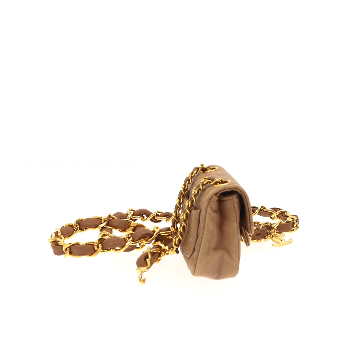 CHANEL golden Chain Belt with little bag in brown leather