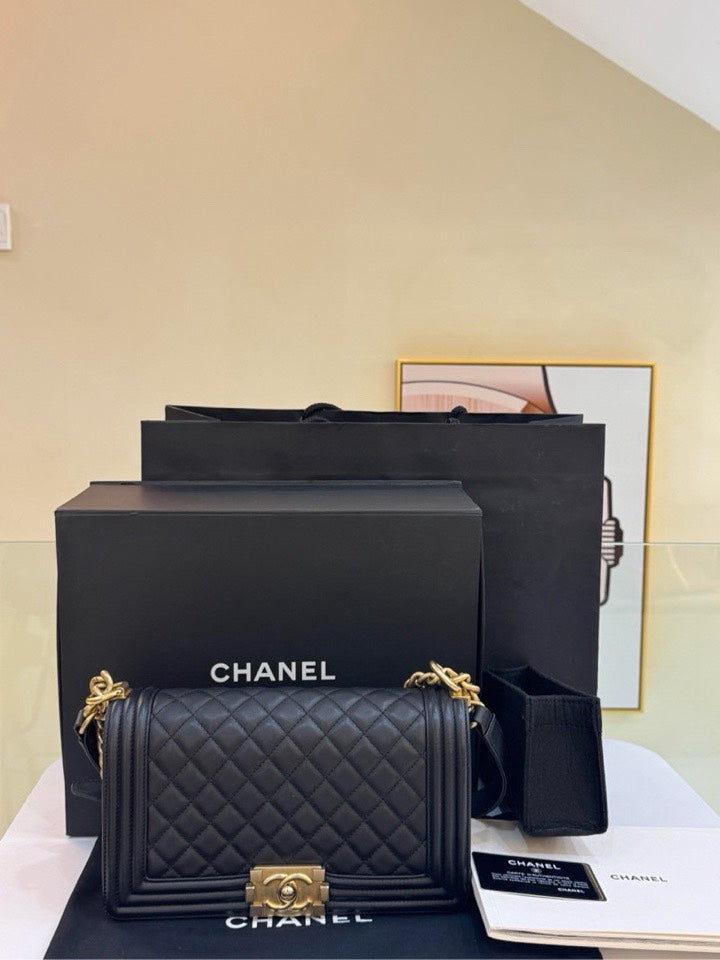 FULL SET Chanel Le Boy Bag Black Quilted Leather Crossbody