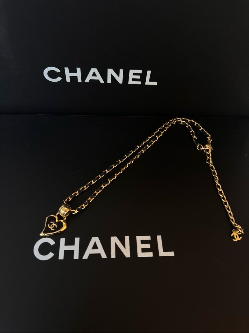Chanel 22p Black Heart Chain Leather Necklace