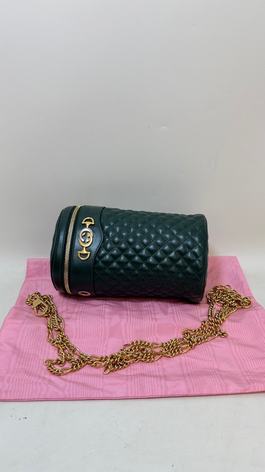 Gucci GG Marmont Quilted Green Leather Crossbody Bucket Bag