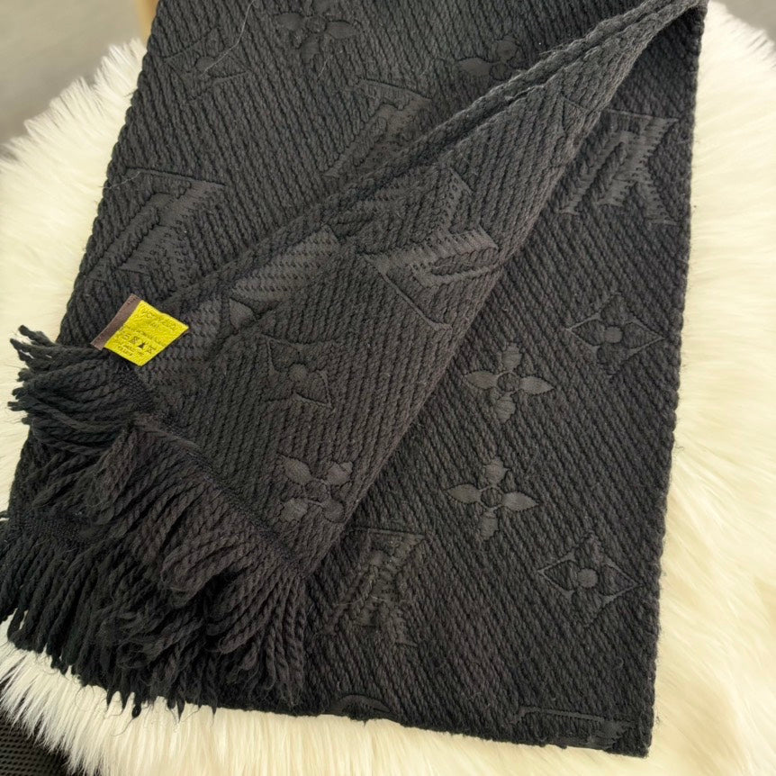 Preloved Louis Vuitton Trunk Pattern Scarf Noir Black 180cm x 30cm