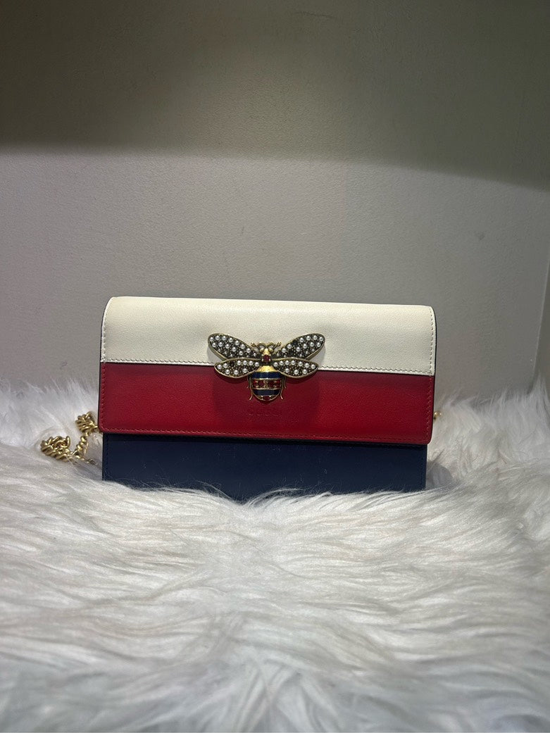 Gucci Queen Margaret Leather Clutch Tricolor White Red Blue Bag