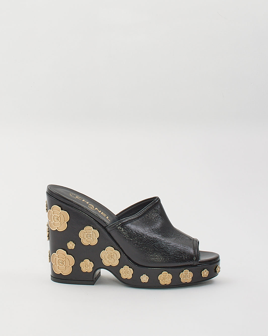 Chanel Black Leather Gold Camellia Flower Embellished Wedge Heels - 40