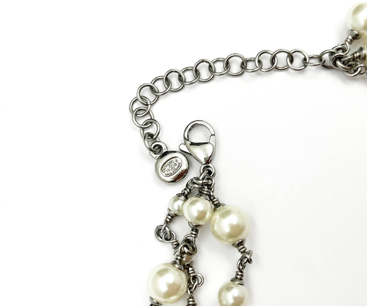 CHANEL Rare Silver Large Bow Crystal 3 Strand Pearl Necklace