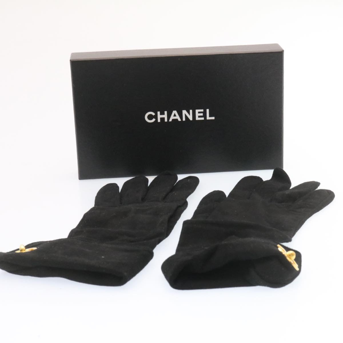 Top Quality Chanel COCO Mark Gloves Suede Black Gold CC Auth am2319sA