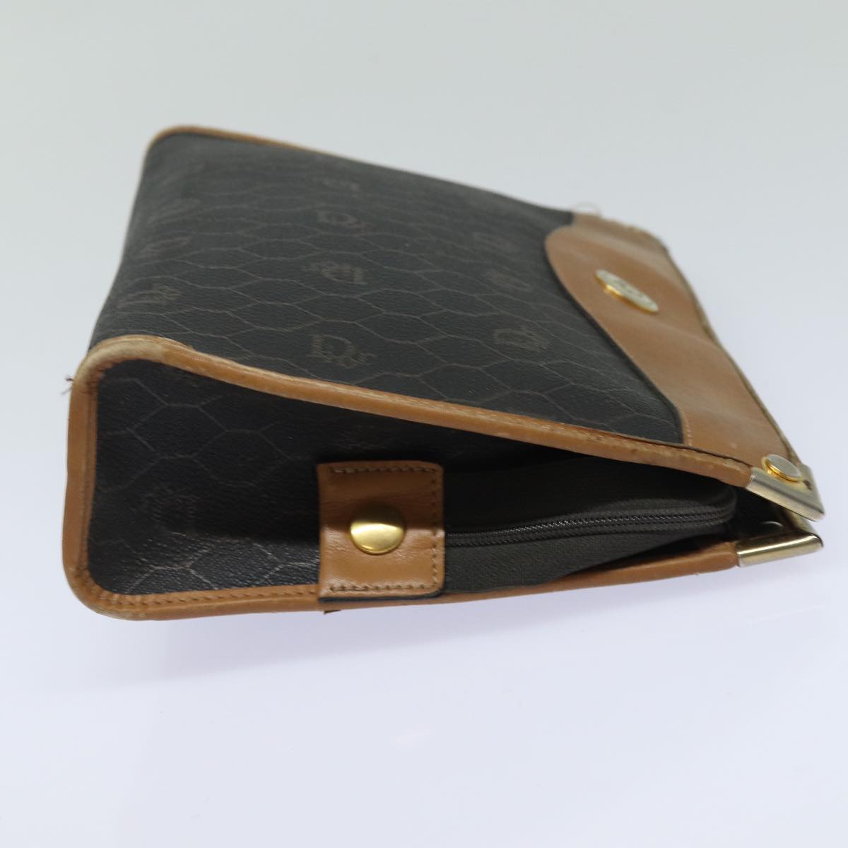 CHRISTIAN DIOR Honeycomb Canvas Clutch Bag PVC Leather Black Brown Auth ti1770
