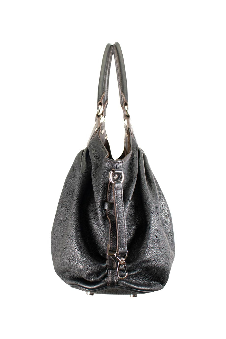 LOUIS VUITTON Black leather 'Mahina' slouchy shoulder bag with perforated monogram and silver-tone hardware