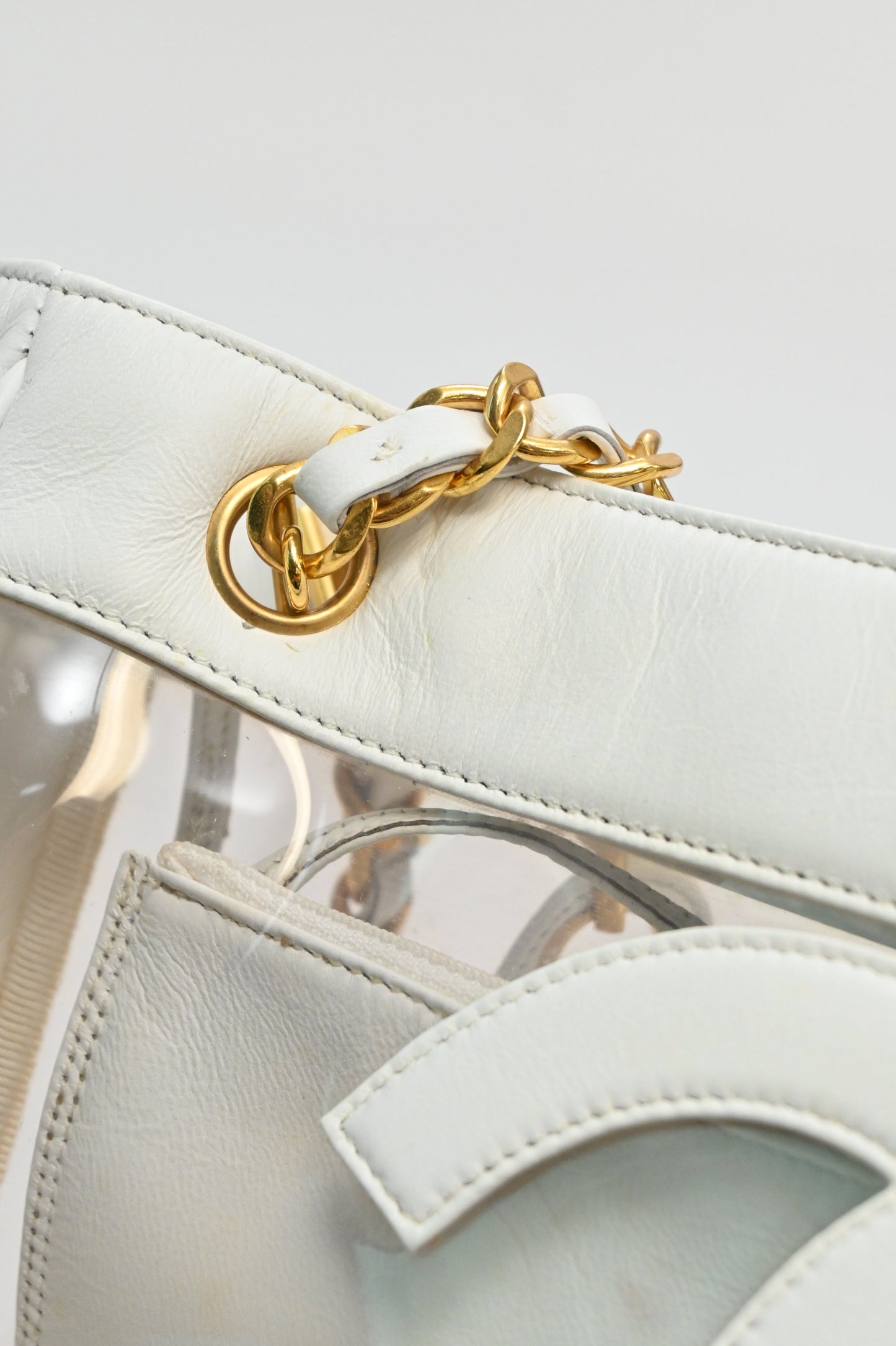 CHANEL White leather and clear PVC Triple CC tote