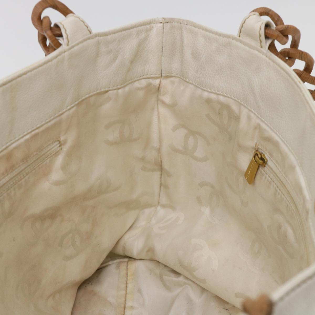 Chanel Wood Chain Tote Bag Caviar Skin White Brown CC yk6580