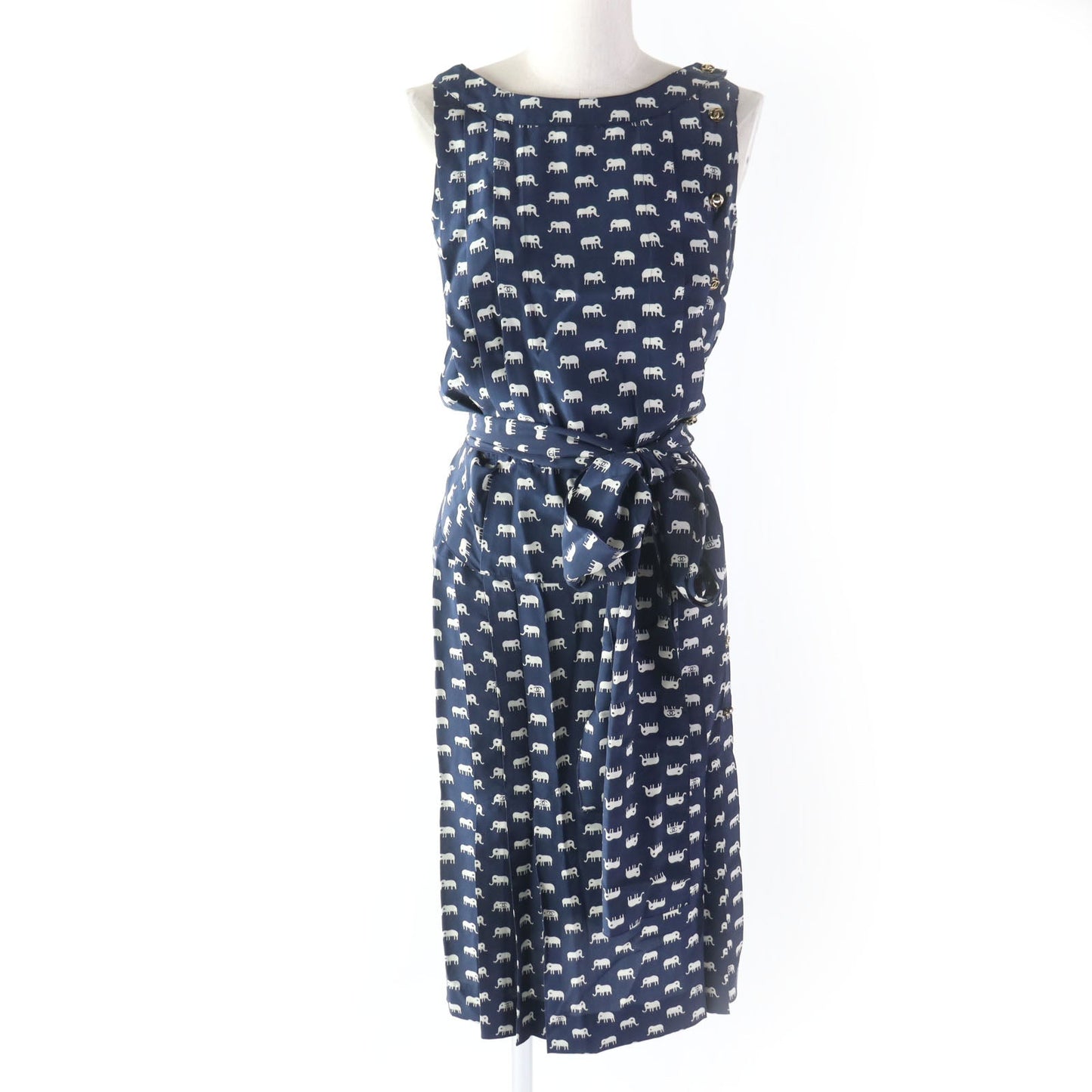 CHANEL one piece silk Navy Ivory 34