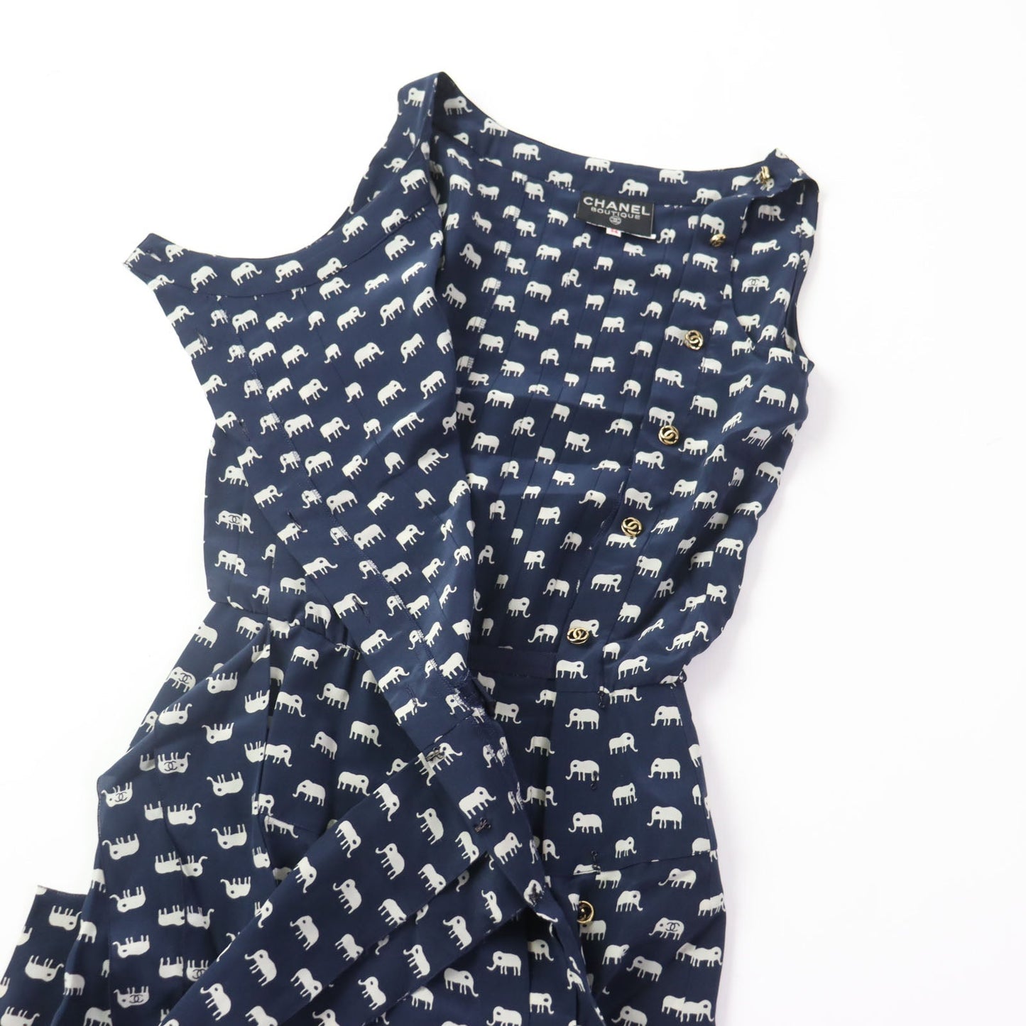 CHANEL one piece silk Navy Ivory 34
