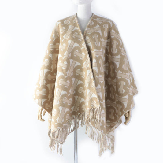 Burberry Wool Cashmere TB Monogram Poncho Beige