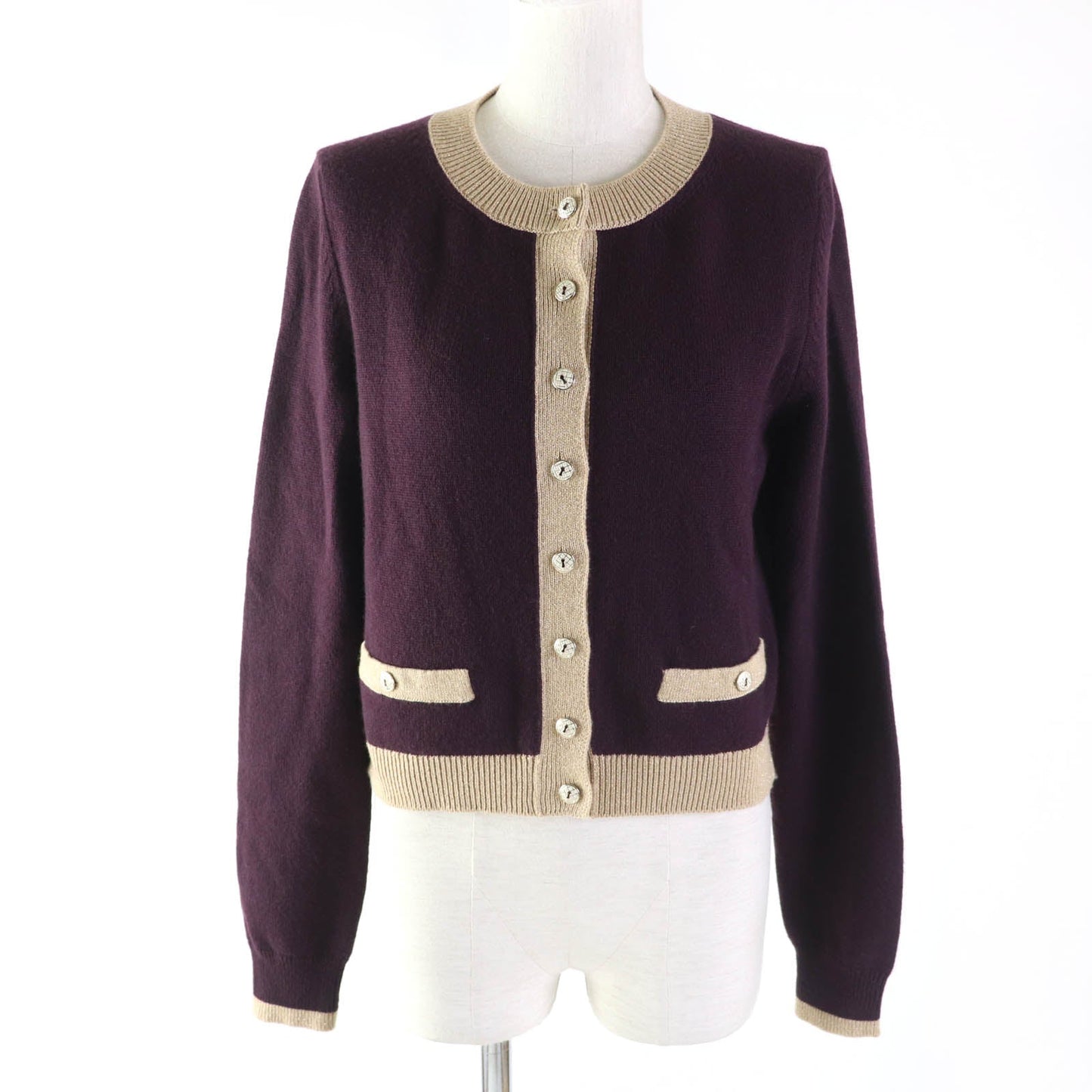 CHANEL cardigan 17A P57065 cashmere PLUM/GOLDEN BEIGE 38