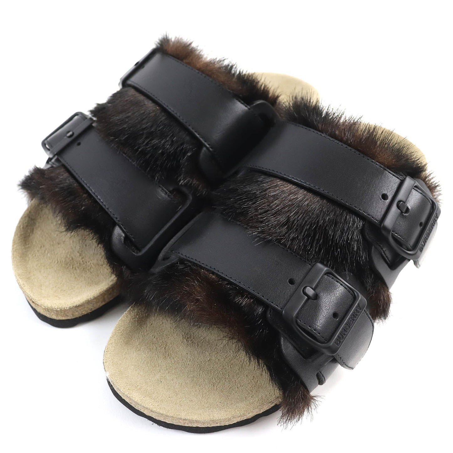 Burberry Faux Fur Logo Buckle Slide Sandals