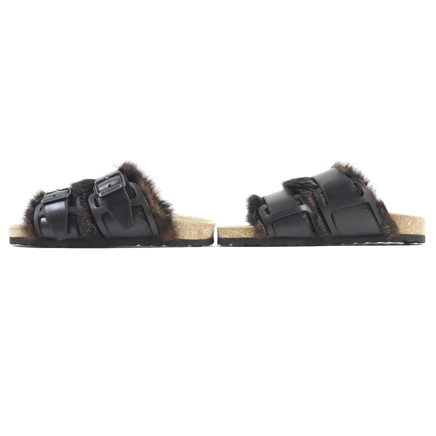 Burberry Faux Fur Logo Buckle Slide Sandals