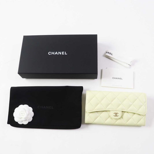 CHANEL Long Wallet Purse AP0241 Caviar skin Light yellow Matrasse Timeless Classic Line