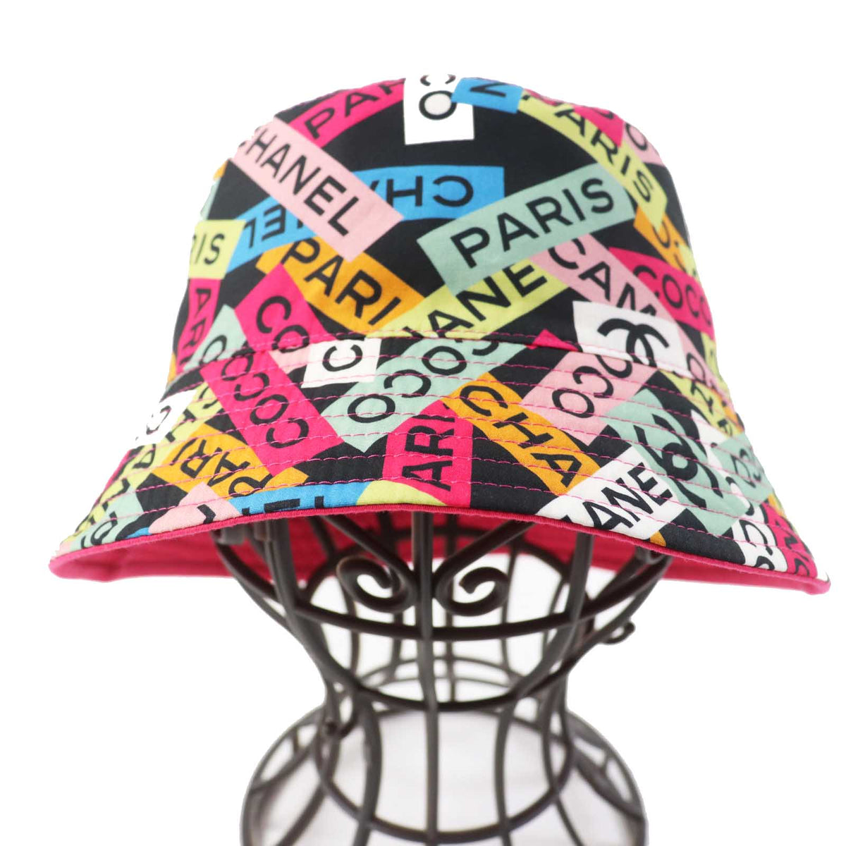 CHANEL hat 24C Cotton, Sequins Pink/Multi Logo pattern, reversible