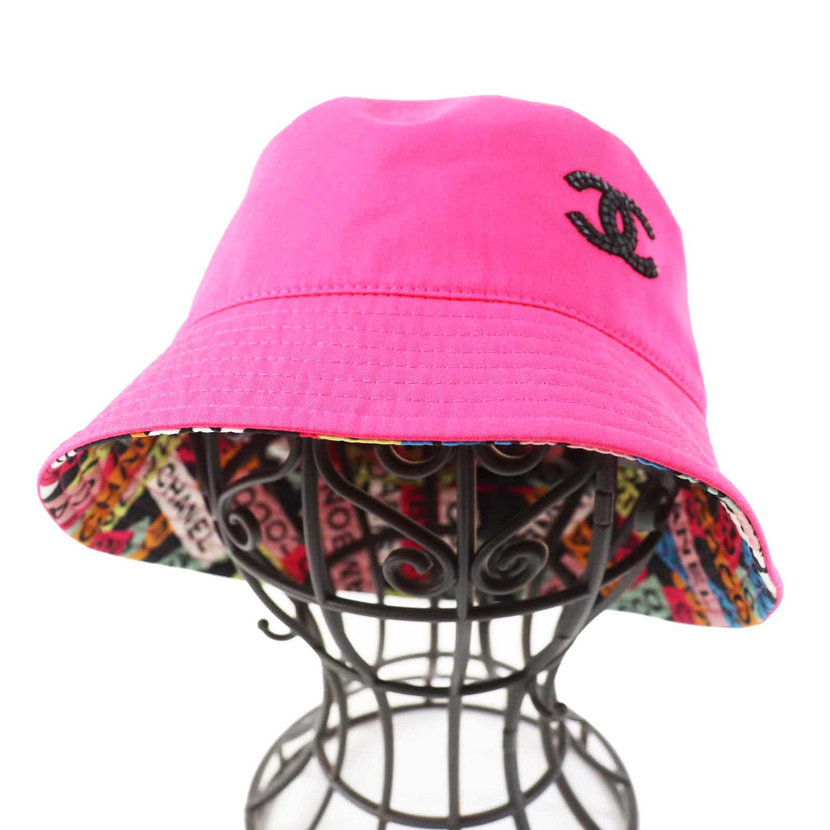CHANEL hat 24C Cotton, Sequins Pink/Multi Logo pattern, reversible