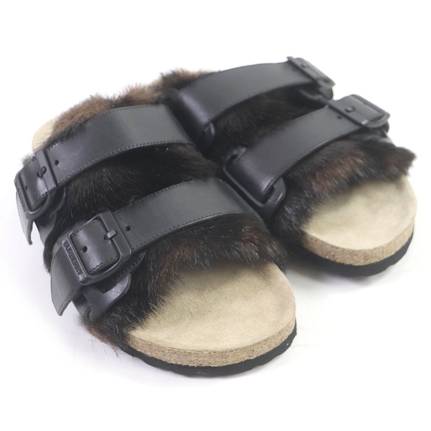 Burberry Faux Fur Belted Slide Sandals Leather