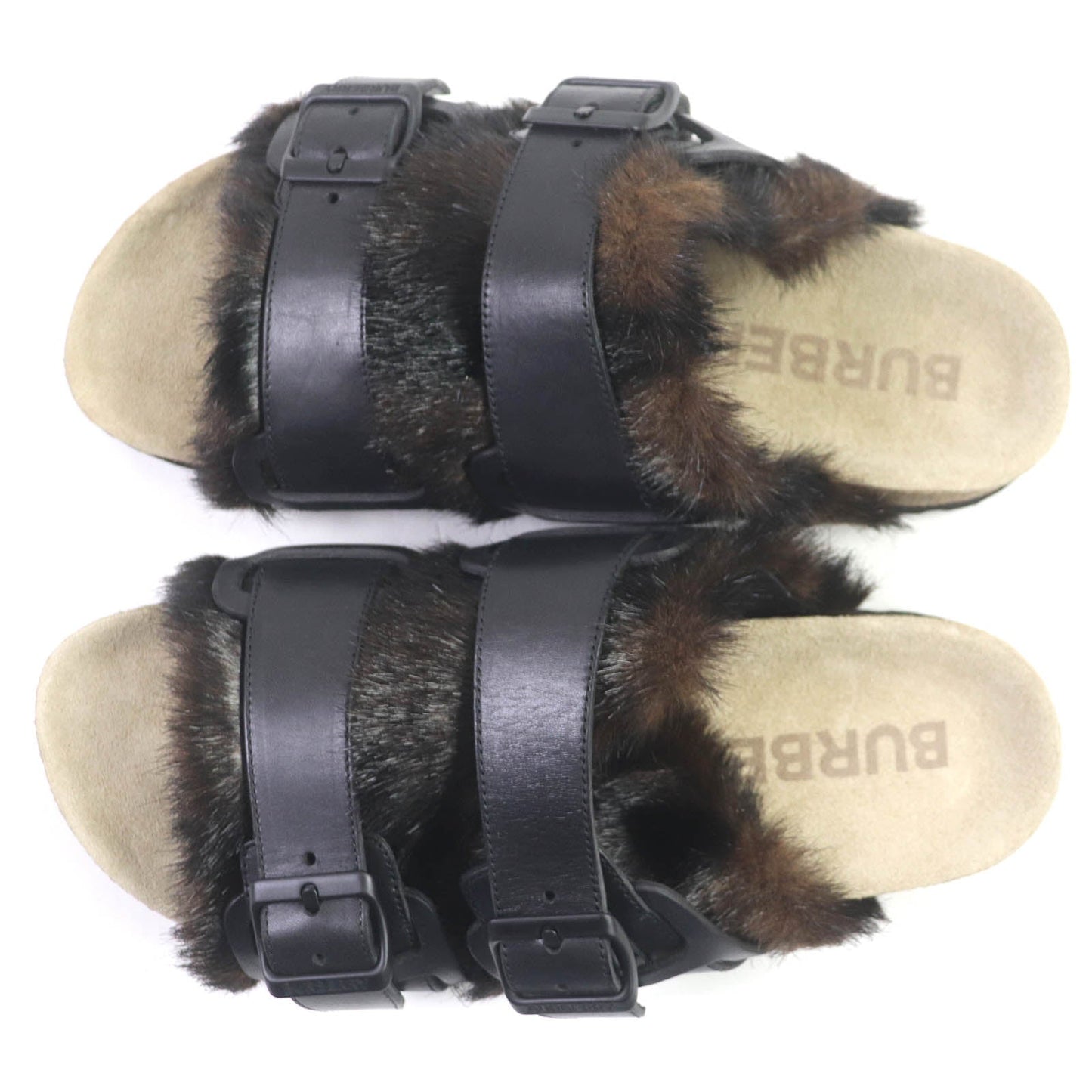 Burberry Faux Fur Belted Slide Sandals Leather