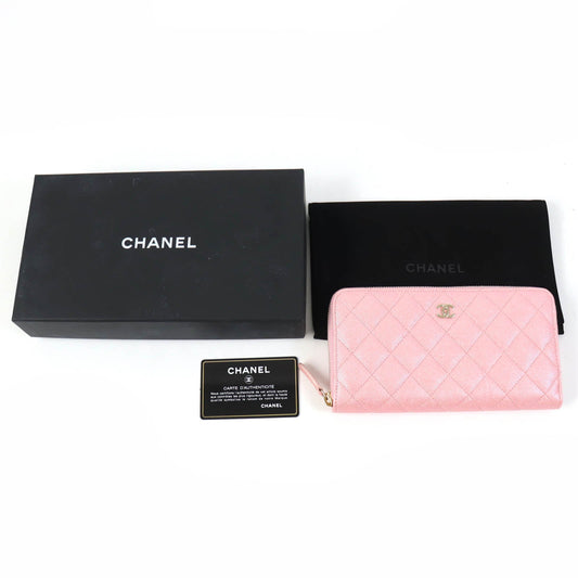 CHANEL Long Wallet Purse AP0242 Caviar skin Metallic pink Classic Long Zip Wallet