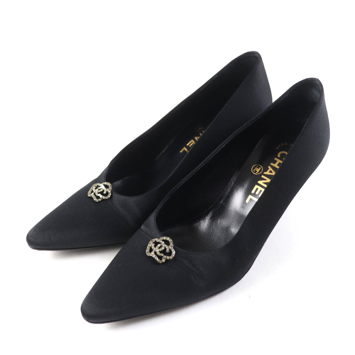 CHANEL pumps Satin, Rhinestone black Pointed toe pumps Vintage Camellia with COCO Mark 37