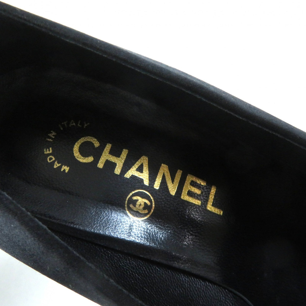 CHANEL pumps Satin, Rhinestone black Pointed toe pumps Vintage Camellia with COCO Mark 37