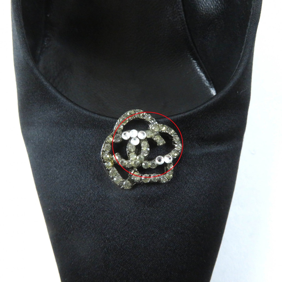 CHANEL pumps Satin, Rhinestone black Pointed toe pumps Vintage Camellia with COCO Mark 37