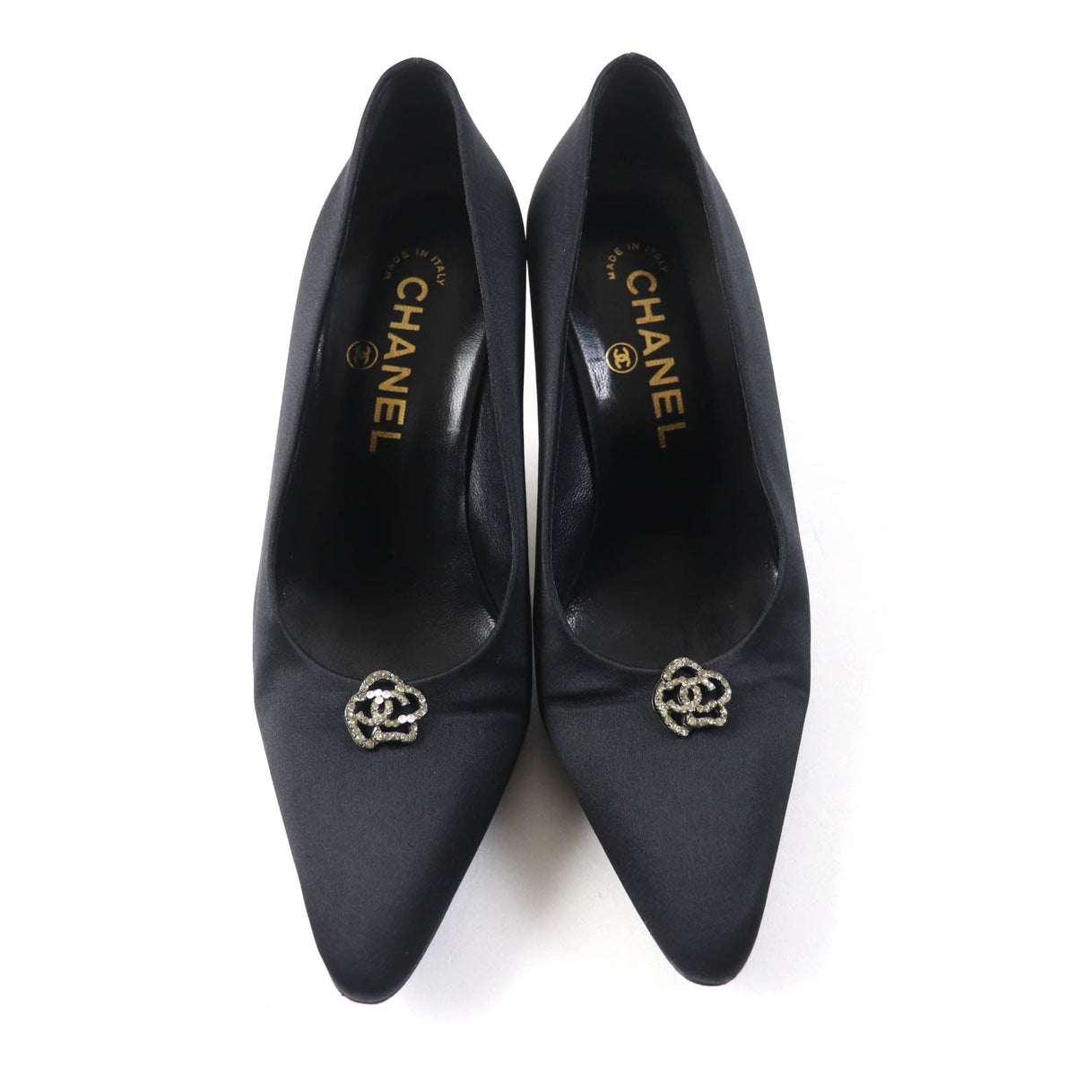 CHANEL pumps Satin, Rhinestone black Pointed toe pumps Vintage Camellia with COCO Mark 37