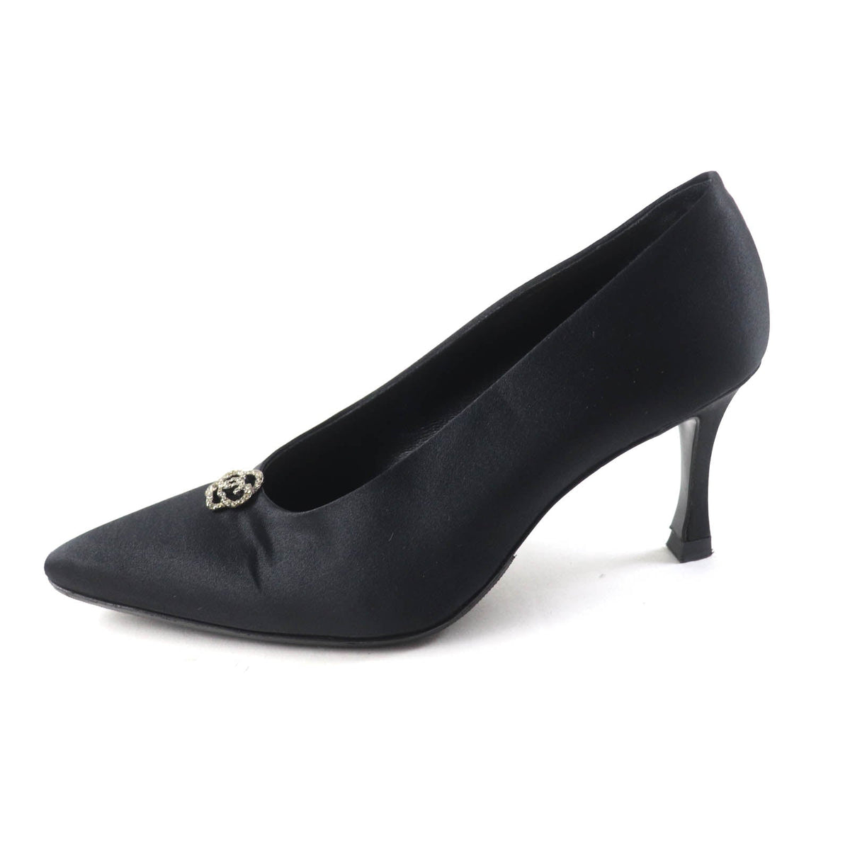 CHANEL pumps Satin, Rhinestone black Pointed toe pumps Vintage Camellia with COCO Mark 37