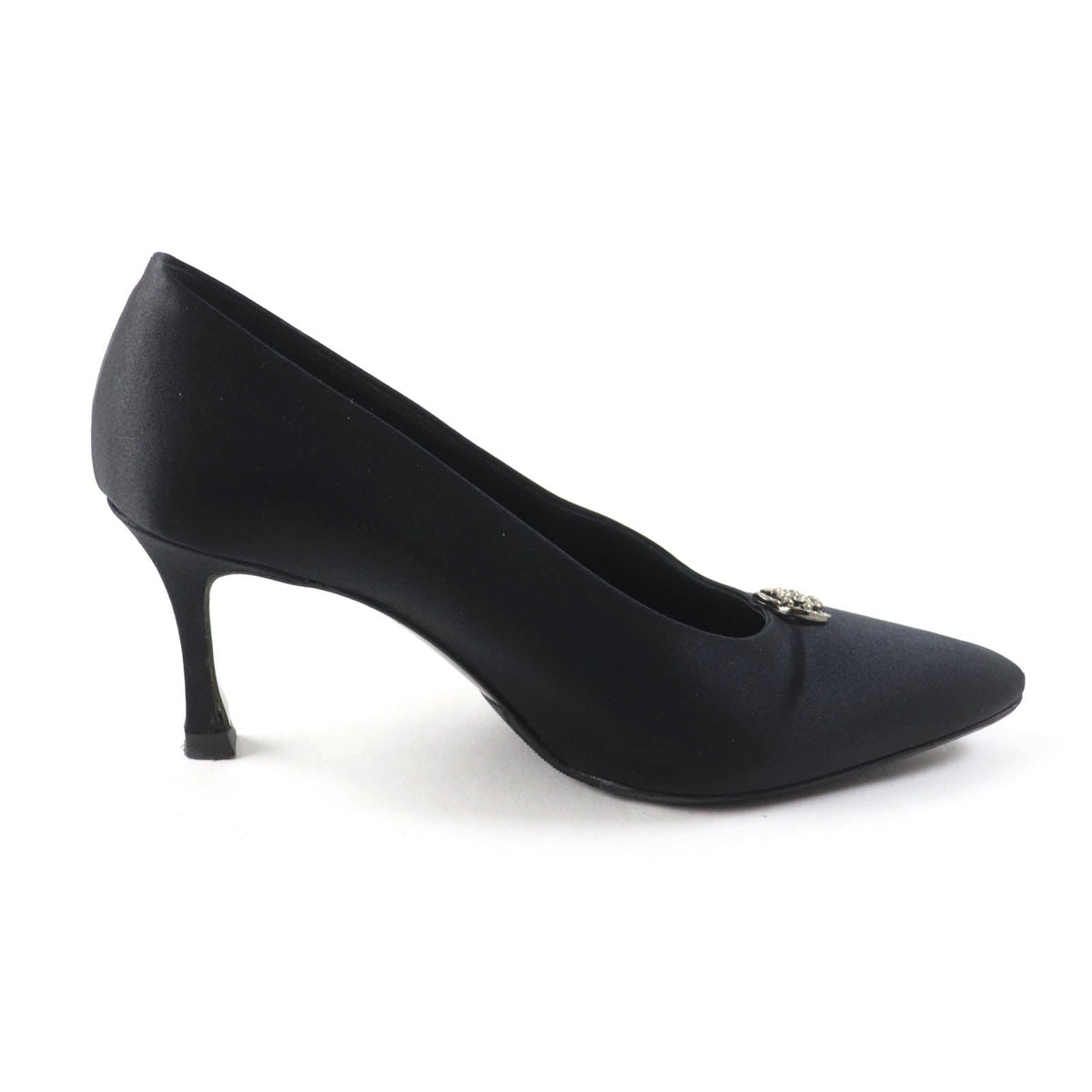 CHANEL pumps Satin, Rhinestone black Pointed toe pumps Vintage Camellia with COCO Mark 37