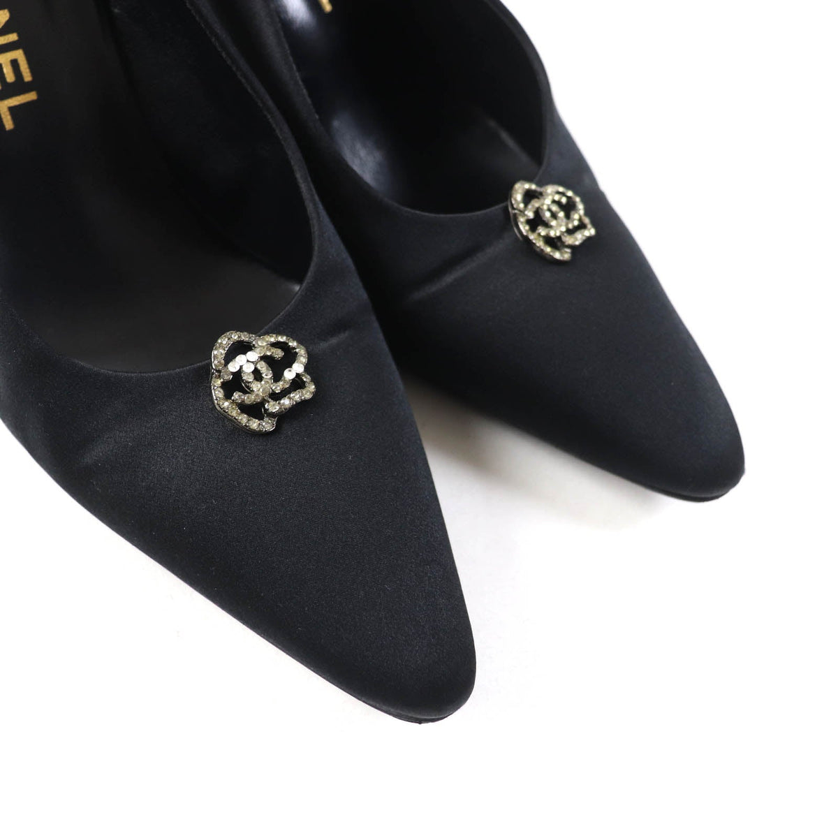 CHANEL pumps Satin, Rhinestone black Pointed toe pumps Vintage Camellia with COCO Mark 37