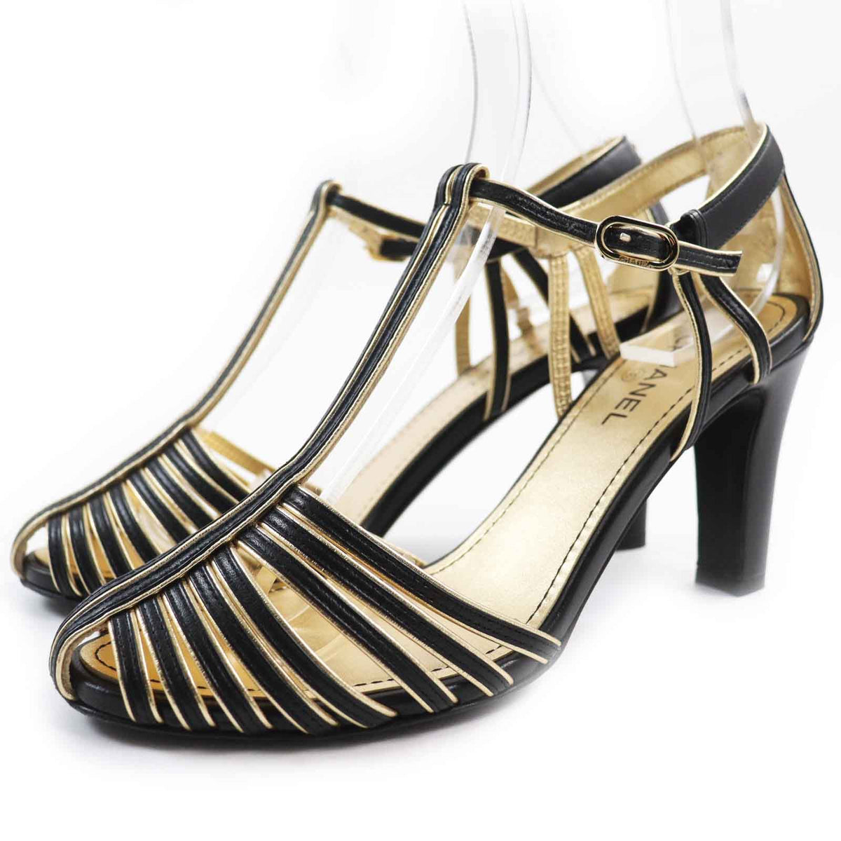 CHANEL pumps G37381 leather Black gold 36