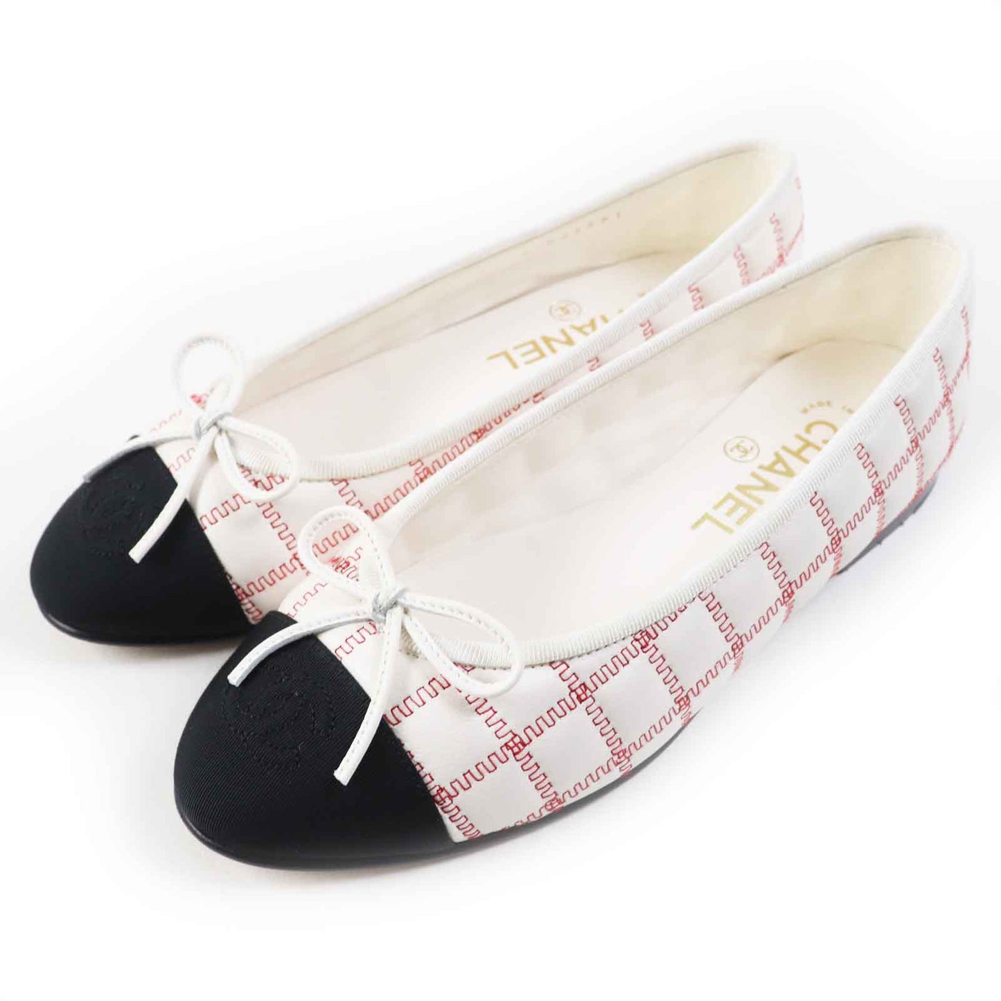 CHANEL Ballet shoes 24P G45591 lambskin Black white red ballerina 36