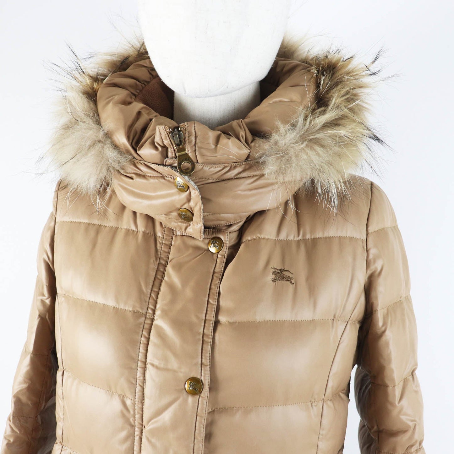 Burberry Nylon Fur Hood Down Coat Brown Women