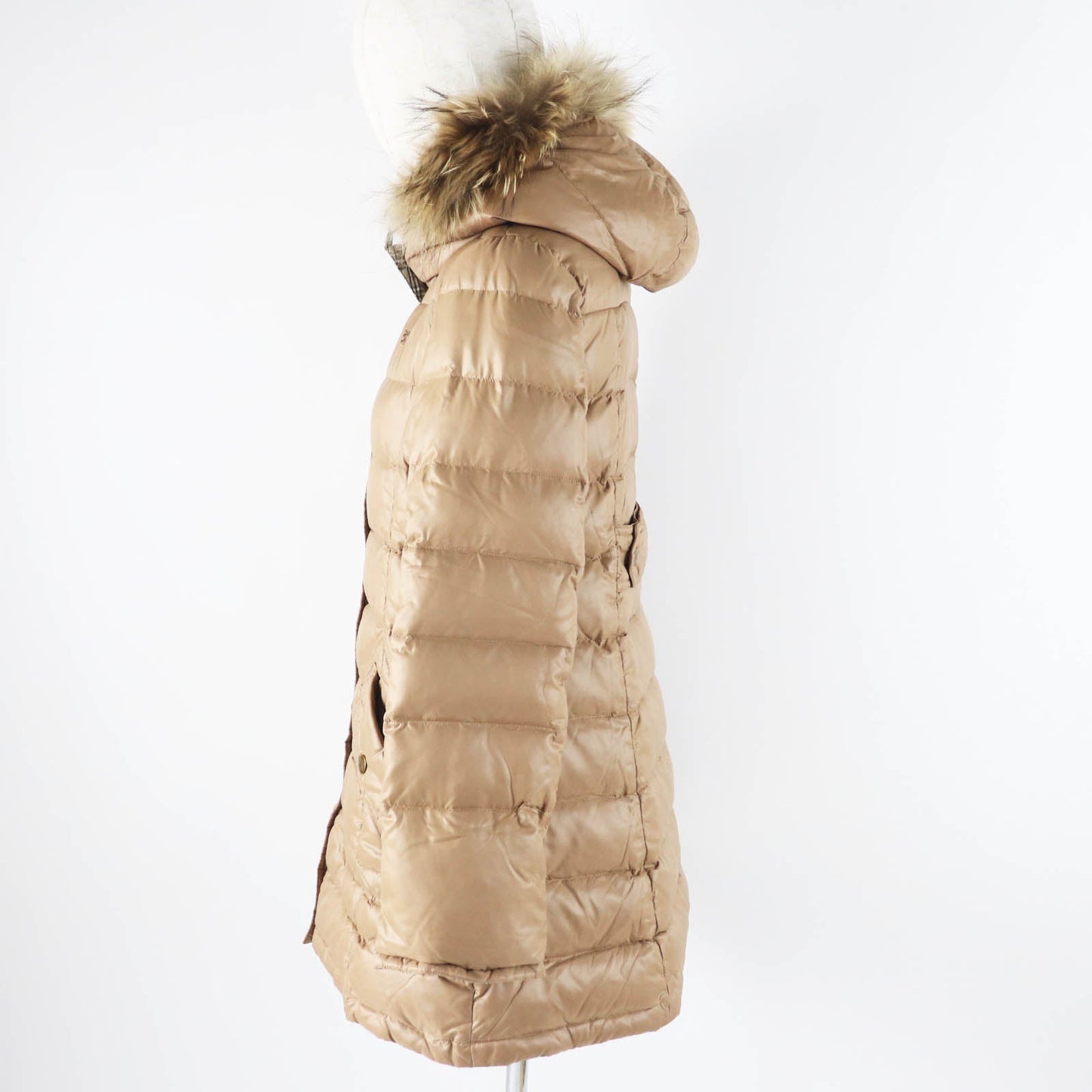 Burberry Nylon Fur Hood Down Coat Brown Women