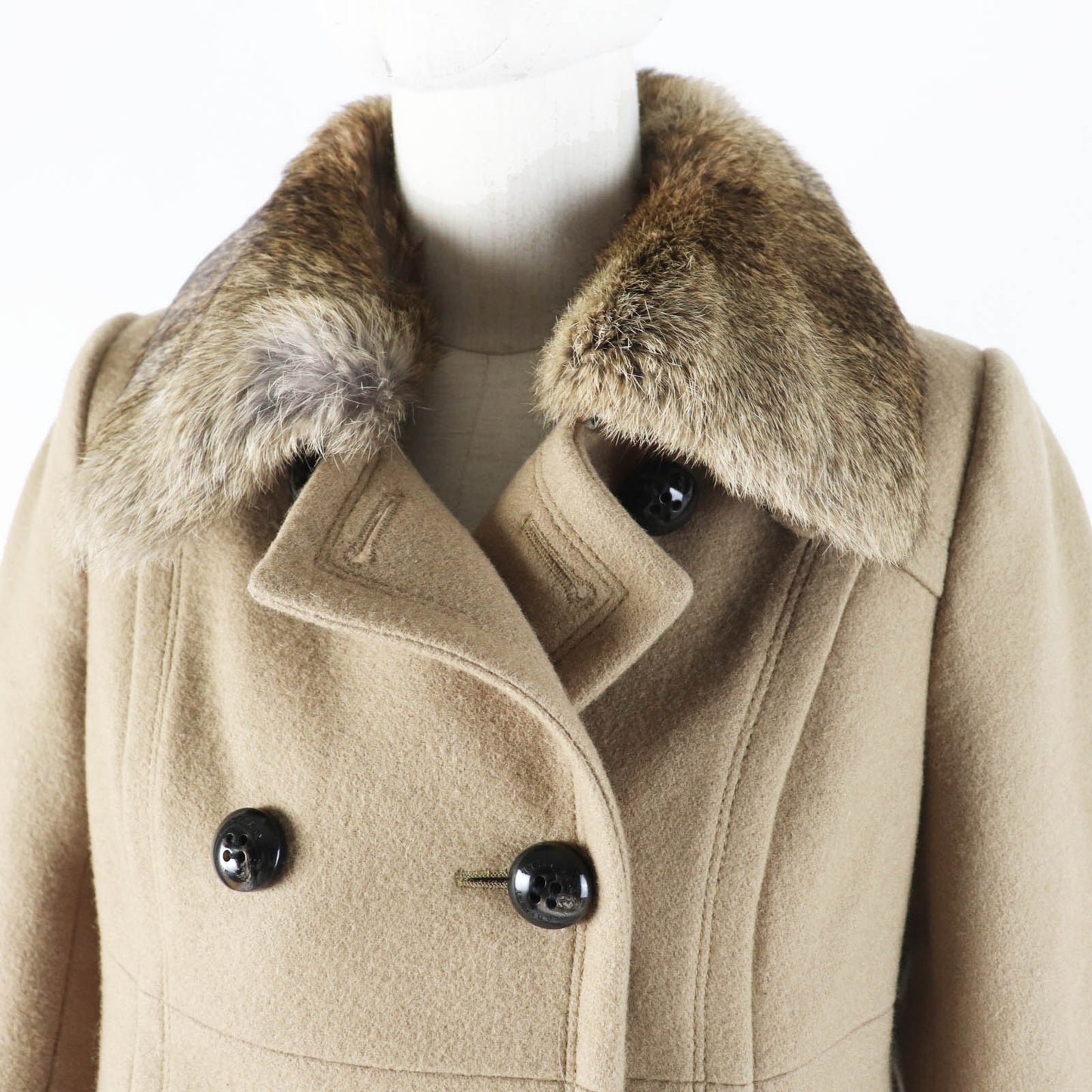 Burberry Wool Nylon Rabbit Fur Pea Coat Beige