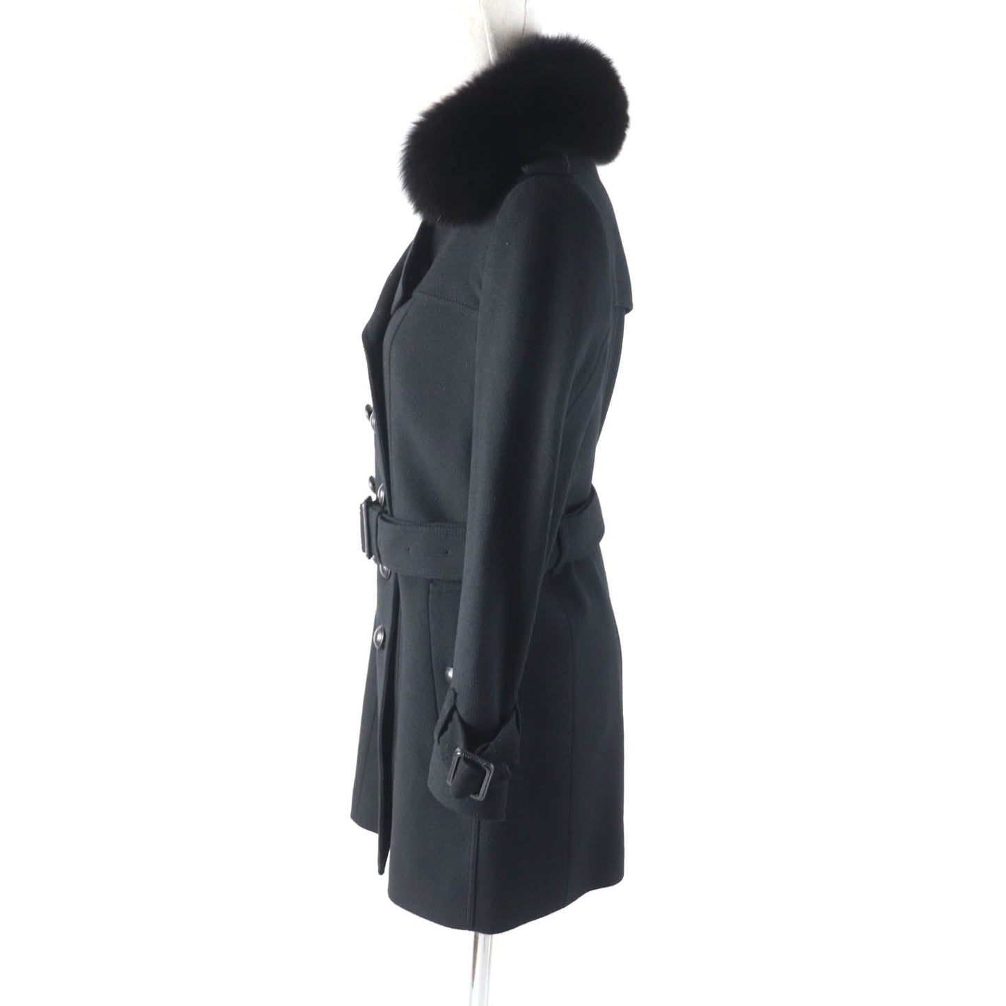 Burberry Wool Cashmere Fox Fur Trench Coat Black