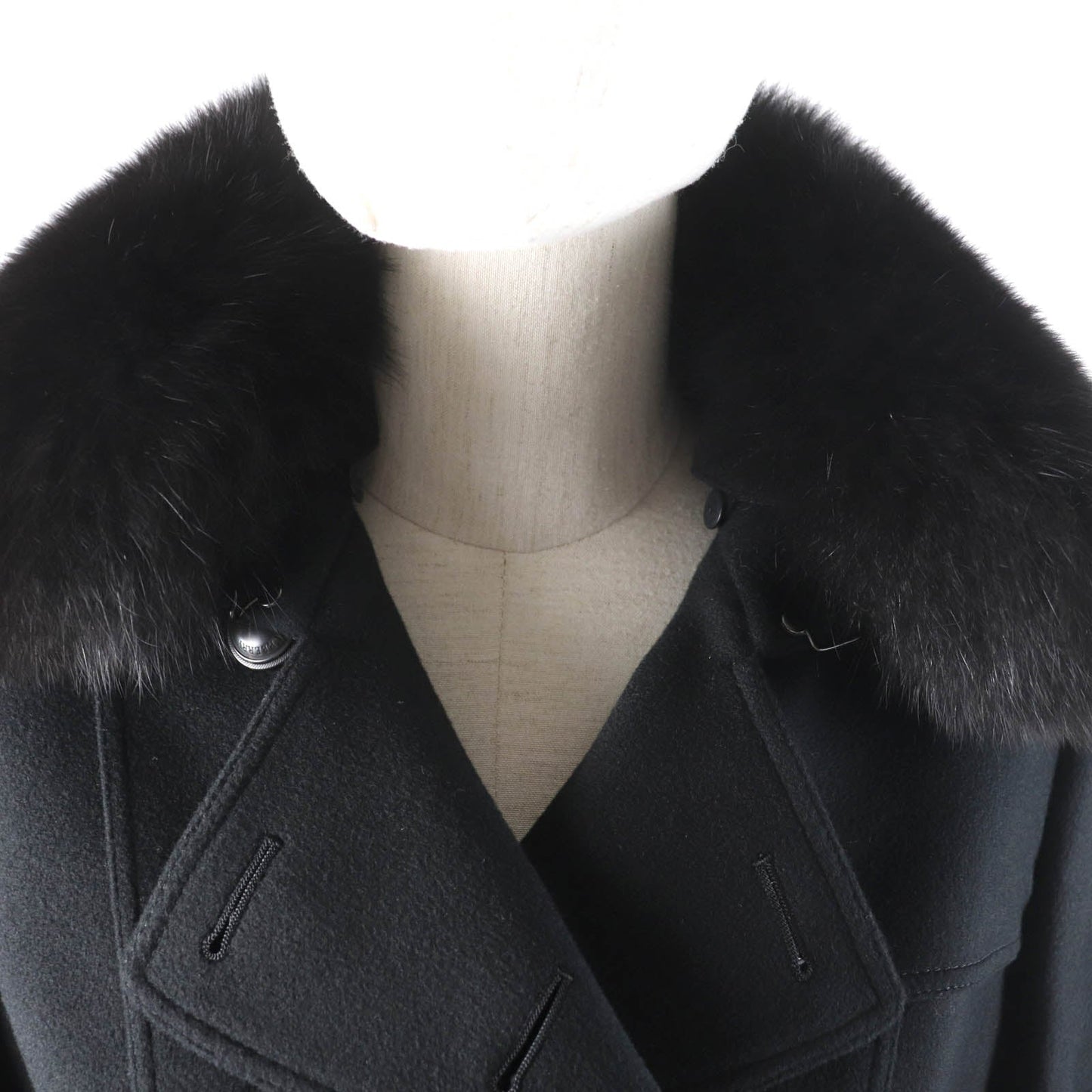 Burberry Wool Cashmere Fox Fur Trench Coat Black