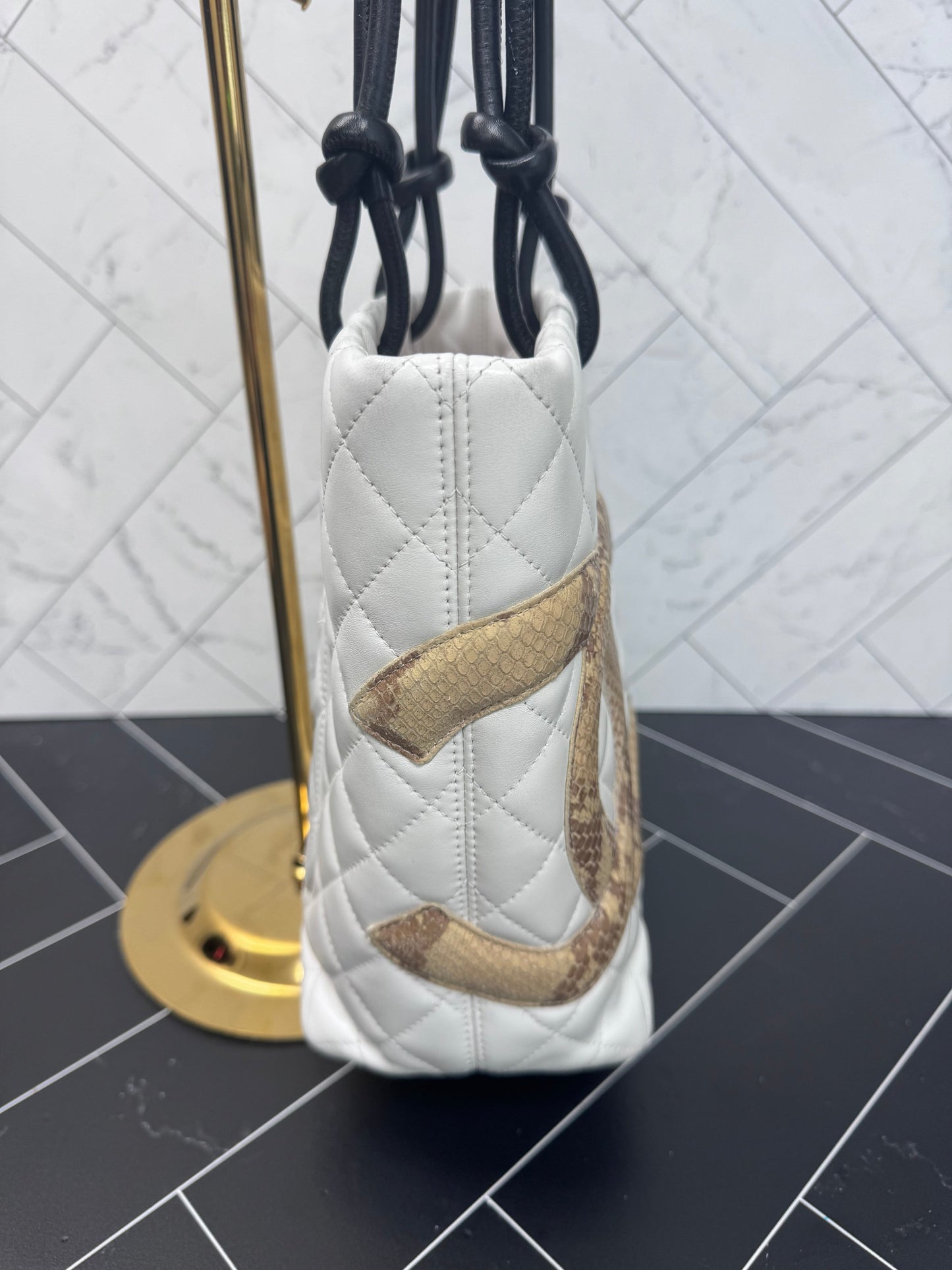 Chanel White Quilted Lambskin Python Medium Cambon Bucket Tote