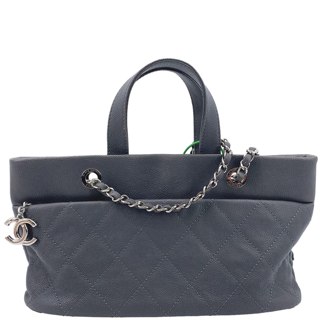 CHANEL Quilted Caviar Leather Shopping Tote Bag Dark Grey