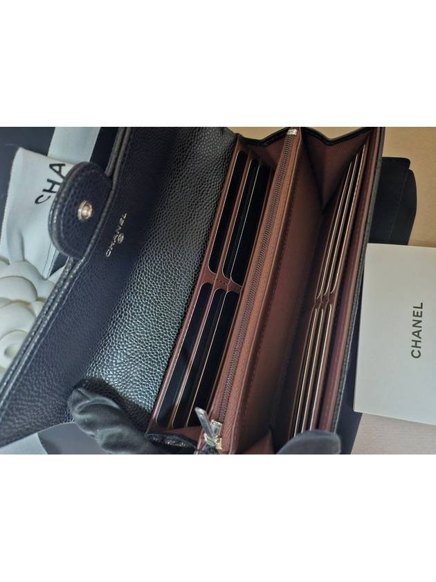 Silver Hardware Classic Caviar CC Logo Flap Long Wallet Black Chanel